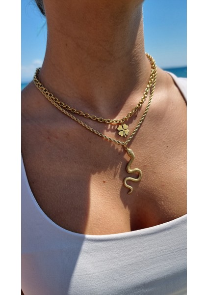 Yılan Yonca Ikili Zincir Altın Renk Çelik Kolye