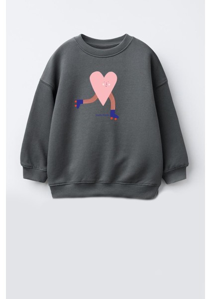 Kız Çocuk Kalp Baskılı 3 Iplik Kumaş Pamuklu Sweatshirt