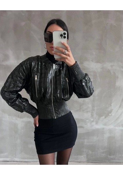 Beli Büzgülü Crop Deri Ceket Siyah modelleri