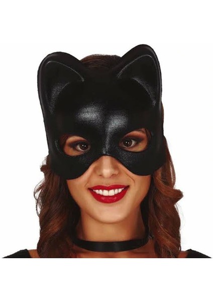 Siyah Deri Görünümlü Kedi Maskesi modelleri
