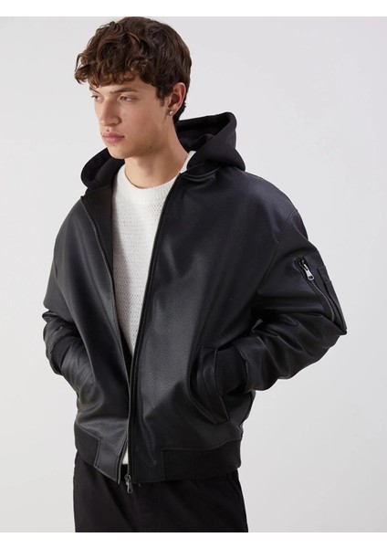 Xsıde Standart Kalıp Kapüşonlu Erkek Deri Görünümlü Mont (W5)
