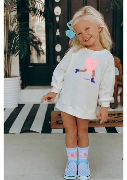 Kız Çocuk Kalp Baskılı 3 Iplik Kumaş Pamuklu Sweatshirt
