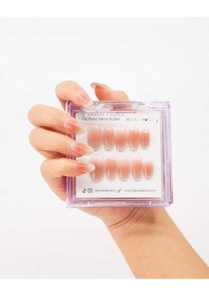 10'lu Pembe Kısa Oval T1250 Tekrar Kullanılabilir El Yapımı Protez Takma Tırnak - Pembe-L