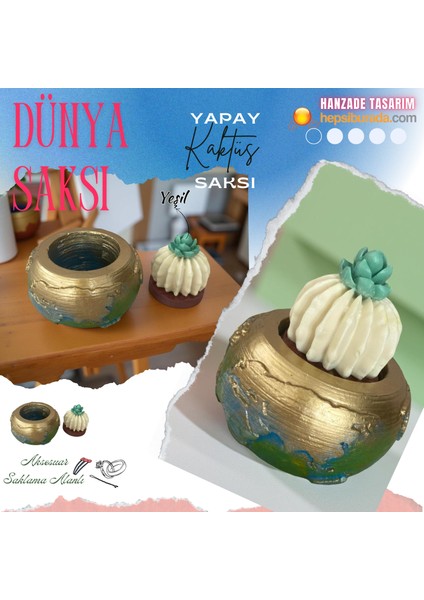 Dekoratif Dünya Temalı Çiçekli Yapay Kaktüslü Saksı & Aksesuar Saklama Alanlı