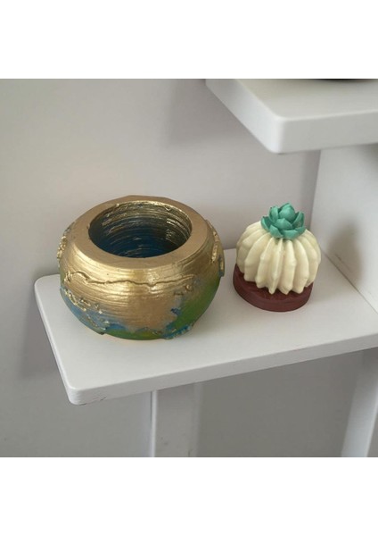 Dekoratif Dünya Temalı Çiçekli Yapay Kaktüslü Saksı & Aksesuar Saklama Alanlı