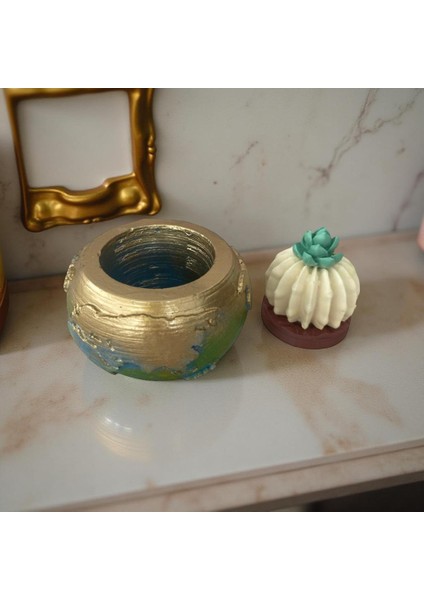 Dekoratif Dünya Temalı Çiçekli Yapay Kaktüslü Saksı & Aksesuar Saklama Alanlı