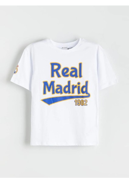 Bisiklet Yaka Real Madrid Baskılı Erkek Çocuk Tişört (W5)