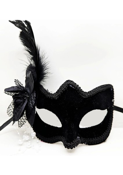 Siyah Süet Yandan Tüylü Incili Parti Maskesi