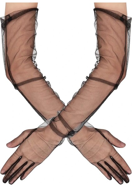 Uzun Boy Likralı Siyah Yetişkin Mega Tül Eldiven