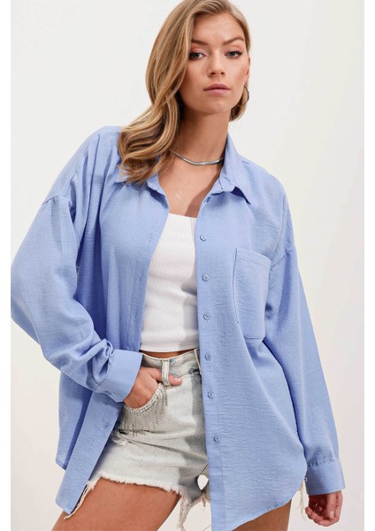 Tek Cepli Oversize Keten Mavi Kadın Gömlek 20153