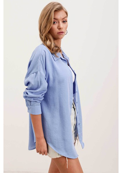 Tek Cepli Oversize Keten Mavi Kadın Gömlek 20153 modelleri