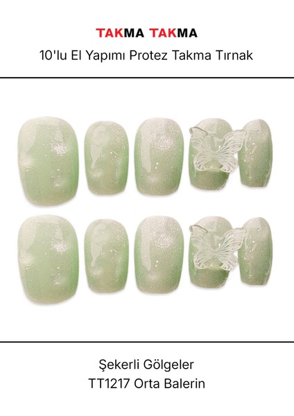 10'lu Yeşil Kısa Balerin TT1217 Tekrar Kullanılabilir El Yapımı Protez Takma Tırnak - Yeşil-M