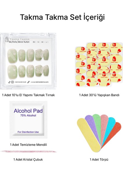 10'lu Yeşil Kısa Balerin TT1217 Tekrar Kullanılabilir El Yapımı Protez Takma Tırnak - Yeşil-M