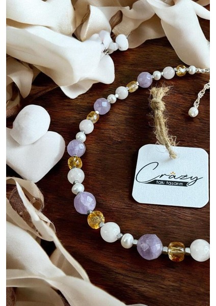 Hakiki Lavander Ametist-Sitrin-Pembe Kuvars-Hematit-Inci Doğaltaş 925 Ayar Gümüşlü Kadın Kolye fiyatları