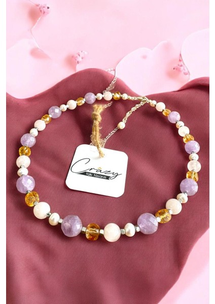 Hakiki Lavander Ametist-Sitrin-Pembe Kuvars-Hematit-Inci Doğaltaş 925 Ayar Gümüşlü Kadın Kolye