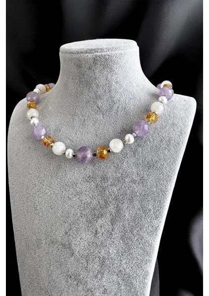 Hakiki Lavander Ametist-Sitrin-Pembe Kuvars-Hematit-Inci Doğaltaş 925 Ayar Gümüşlü Kadın Kolye fırsatları