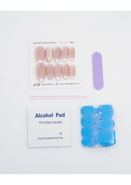 10'lu Pembe Kısa Oval TT1208 Tekrar Kullanılabilir El Yapımı Protez Takma Tırnak - Ten Rengi-Pembe-XS