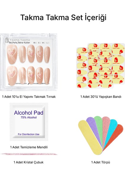 10'lu Pembe Kısa Oval TT1210 Tekrar Kullanılabilir El Yapımı Protez Takma Tırnak - Ten Rengi-Pembe-S