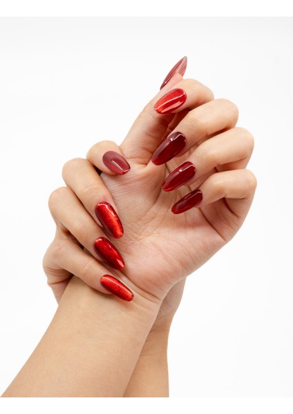 10'lu Kırmızı Kısa Oval TT1204 Tekrar Kullanılabilir El Yapımı Protez Takma Tırnak - Kırmızı-M