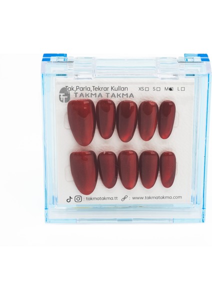10'lu Kırmızı Kısa Oval TT1204 Tekrar Kullanılabilir El Yapımı Protez Takma Tırnak - Kırmızı-M
