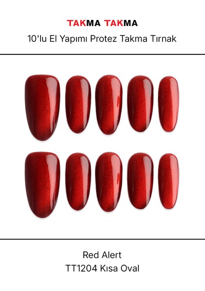 10'lu Kırmızı Kısa Oval TT1204 Tekrar Kullanılabilir El Yapımı Protez Takma Tırnak - Kırmızı-M