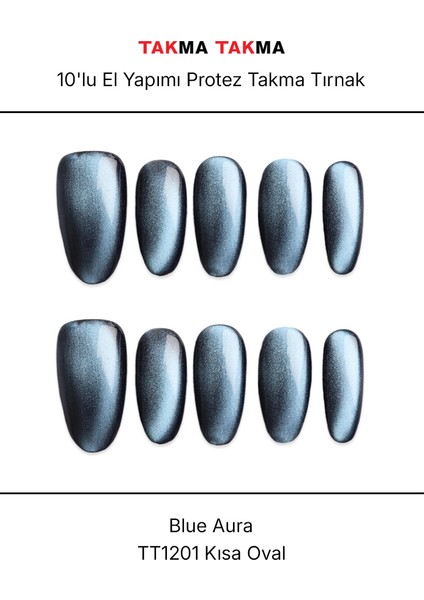 10'lu Mavi Kısa Oval TT1201 Tekrar Kullanılabilir El Yapımı Protez Takma Tırnak - Mavi-M modelleri