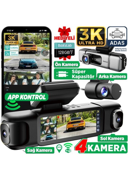 360+ Botslab G980H Pro 3k 4 Kameralı Wifi+Gps Akıllı Araç Içi Kamera +150° Geniş Açı+Yaya Algılama+Gece Görüşlü (128GB Hafıza Kartı Hediyeli)