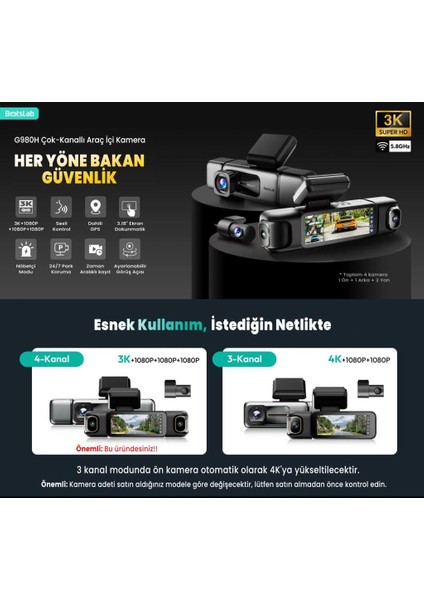 360+ Botslab G980H Pro 3k 4 Kameralı Wifi+Gps Akıllı Araç Içi Kamera +150° Geniş Açı+Yaya Algılama+Gece Görüşlü (128GB Hafıza Kartı Hediyeli) fiyatları