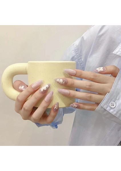10'lu Beyaz Uzun Badem TT1185 Tekrar Kullanılabilir El Yapımı Protez Takma Tırnak - Beyaz-S
