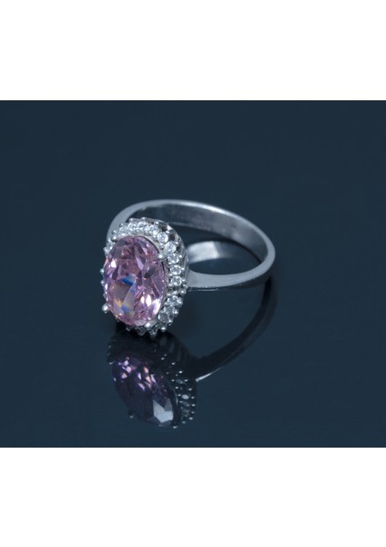 Oval Pembe Kunzit Taşlı 925 Ayar Gümüş Çiçek Tasarımlı Kadın Yüzük Parmağa Göre Ayarlanır 4.27 gr