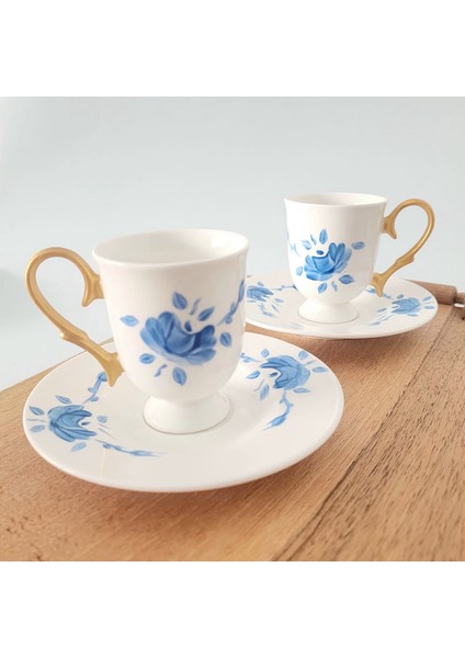 Mavi Gül Desen Kahve Fincanı 2'li Takım