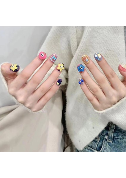 10'lu Renkli Kısa Yuvarlak TT1189 Tekrar Kullanılabilir El Yapımı Protez Takma Tırnak - Renkli-L