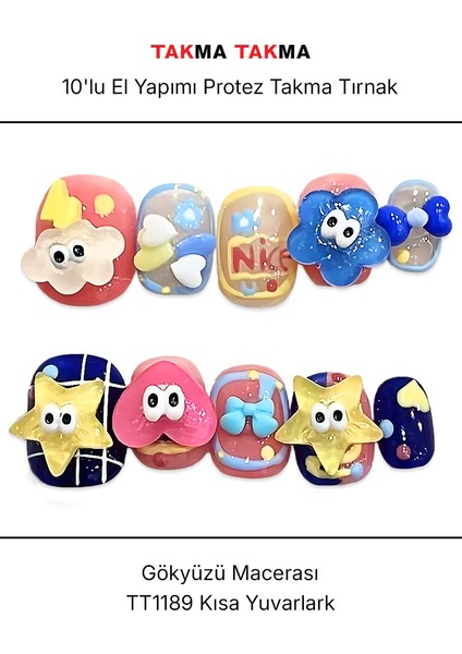 10'lu Renkli Kısa Yuvarlak TT1189 Tekrar Kullanılabilir El Yapımı Protez Takma Tırnak - Renkli-L