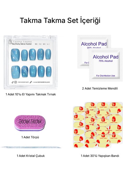 10'lu Mavi Kısa Balerin TT1176 Tekrar Kullanılabilir El Yapımı Protez Takma Tırnak - Mavi-M indirimleri