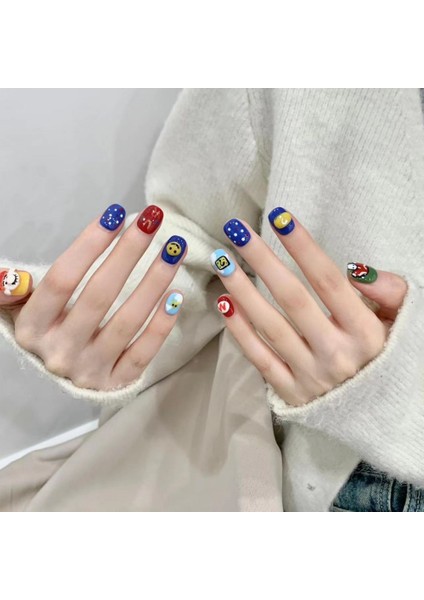 10'lu Renkli Kısa Yuvarlak TT1188 Tekrar Kullanılabilir El Yapımı Protez Takma Tırnak - Renkli-L
