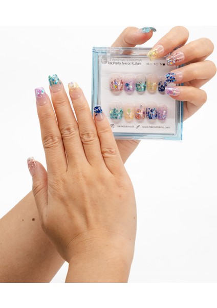 10'lu Renkli Kısa Balerin TT1184 Tekrar Kullanılabilir El Yapımı Protez Takma Tırnak - Renkli-L