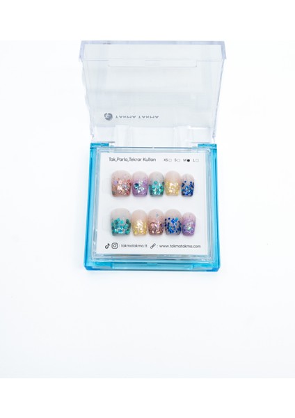 10'lu Renkli Kısa Balerin TT1184 Tekrar Kullanılabilir El Yapımı Protez Takma Tırnak - Renkli-L