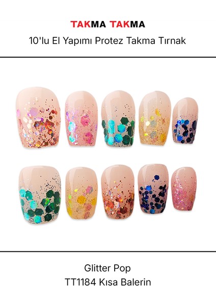 10'lu Renkli Kısa Balerin TT1184 Tekrar Kullanılabilir El Yapımı Protez Takma Tırnak - Renkli-L