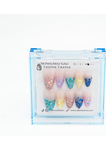10'lu Renkli Uzun Badem TT1183 Tekrar Kullanılabilir El Yapımı Protez Takma Tırnak - Renkli-S