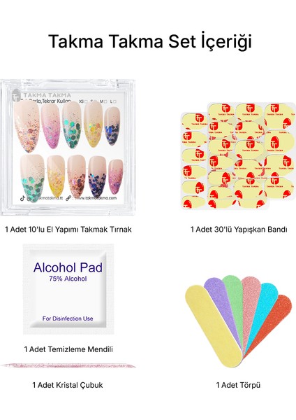 10'lu Renkli Uzun Badem TT1183 Tekrar Kullanılabilir El Yapımı Protez Takma Tırnak - Renkli-S