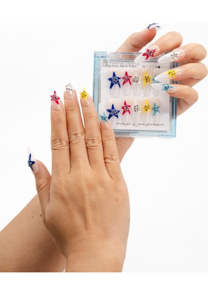 10'lu Renkli Uzun Oval TT1178 Tekrar Kullanılabilir El Yapımı Protez Takma Tırnak - Renkli-L