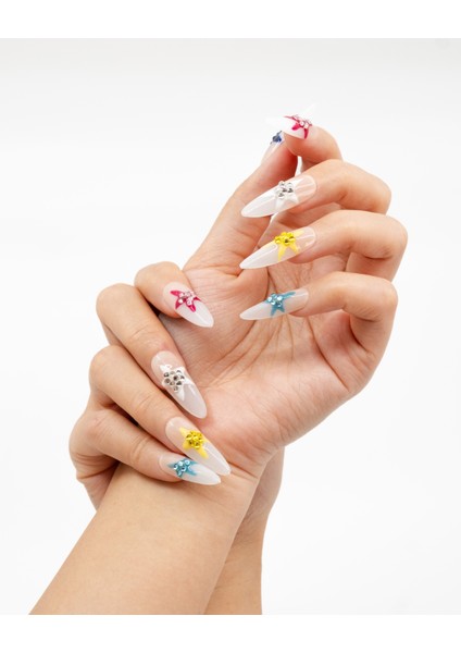 10'lu Renkli Uzun Oval TT1178 Tekrar Kullanılabilir El Yapımı Protez Takma Tırnak - Renkli-L