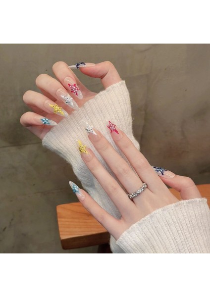 10'lu Renkli Uzun Oval TT1178 Tekrar Kullanılabilir El Yapımı Protez Takma Tırnak - Renkli-L