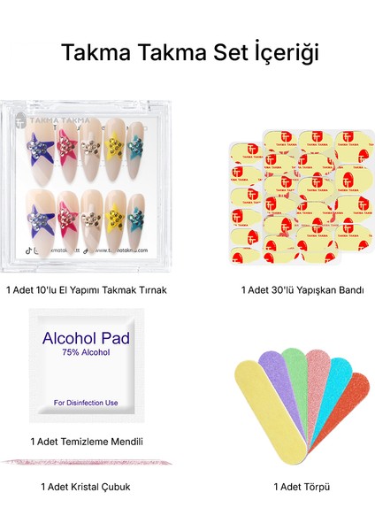10'lu Renkli Uzun Oval TT1178 Tekrar Kullanılabilir El Yapımı Protez Takma Tırnak - Renkli-L