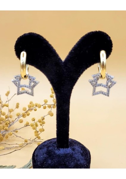 Işıltılı Gold-Silver Çift Yıldız Küpe