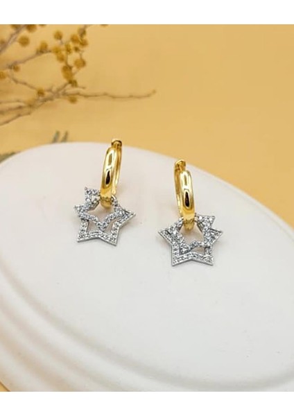 Işıltılı Gold-Silver Çift Yıldız Küpe modelleri