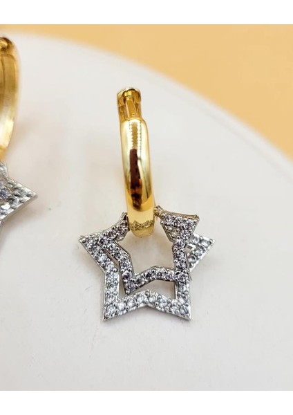 Işıltılı Gold-Silver Çift Yıldız Küpe indirimleri