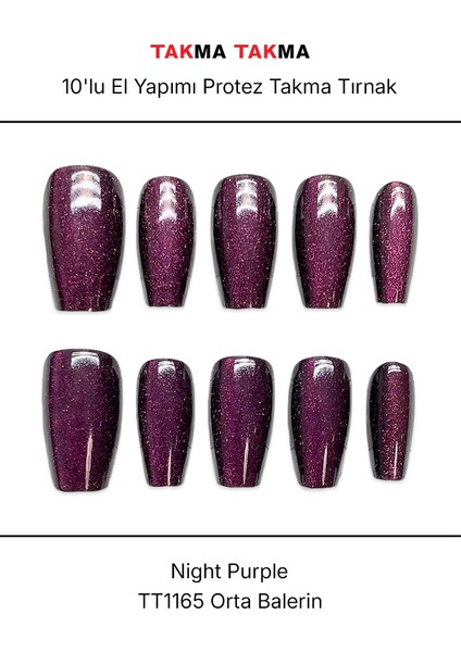 Tekrar Kullanılabilir El Yapımı Protez Takma Tırnak TT1165 - Night Purple - 10'lu