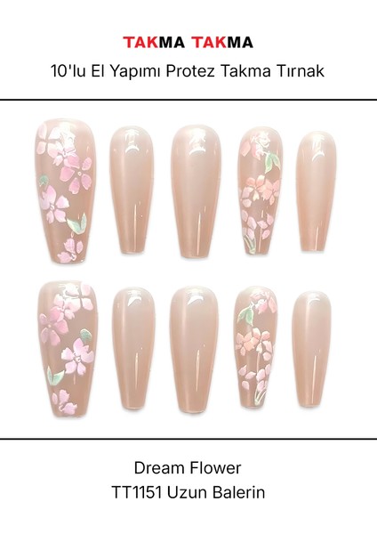 10'lu Ten Rengi Uzun Balerin TT1151 Tekrar Kullanılabilir El Yapımı Protez Takma Tırnak - Ten Rengi-S fırsatları