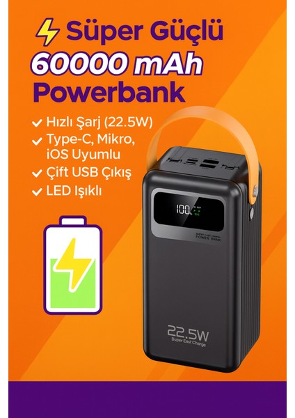 60000 Mah Ultra Kapasiteli Powerbank – Hızlı Şarj, Type-C & Ios Giriş, 2 Çıkışlı, LED Işıklı